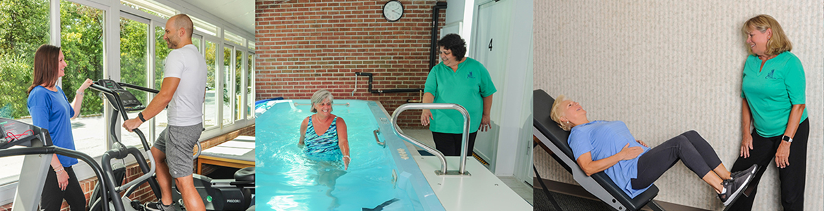 ollage of 3 images: 1st image - therapist helping patient with form; 2nd image - therapist working with patient on table; 3rd image - older patient riding an exericse bike